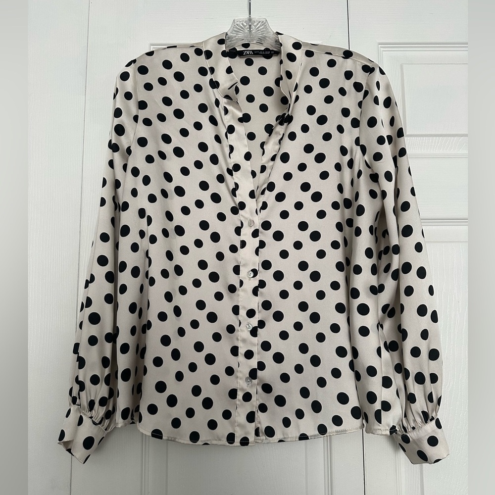 Zara Satin Black and White Polka Dot Blouse - Size S - Oversized